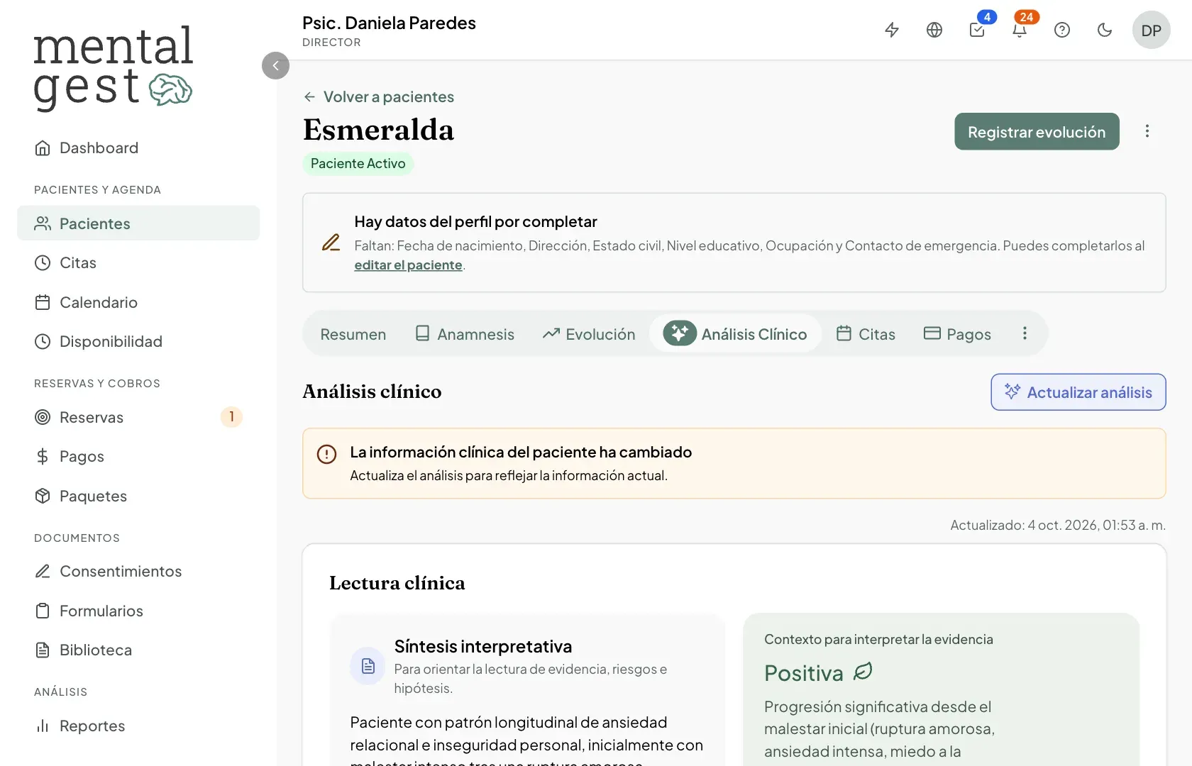 Pestaña Análisis Clínico de un paciente con la lectura clínica y el botón Actualizar análisis