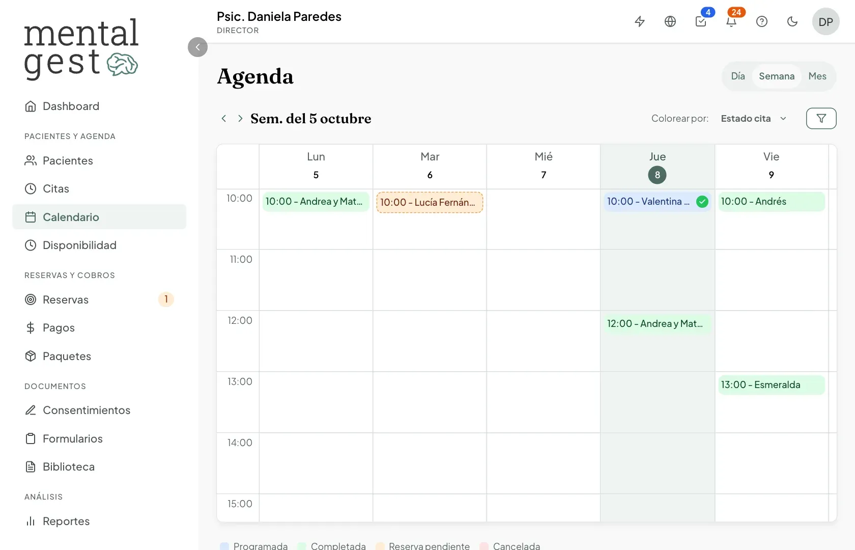 Agenda en vista semanal con las citas de cada día
