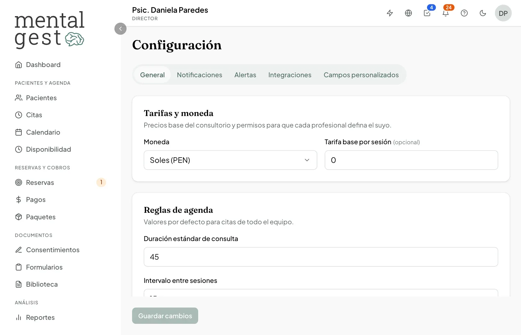 Configuración general con la moneda, la tarifa base y las reglas de agenda