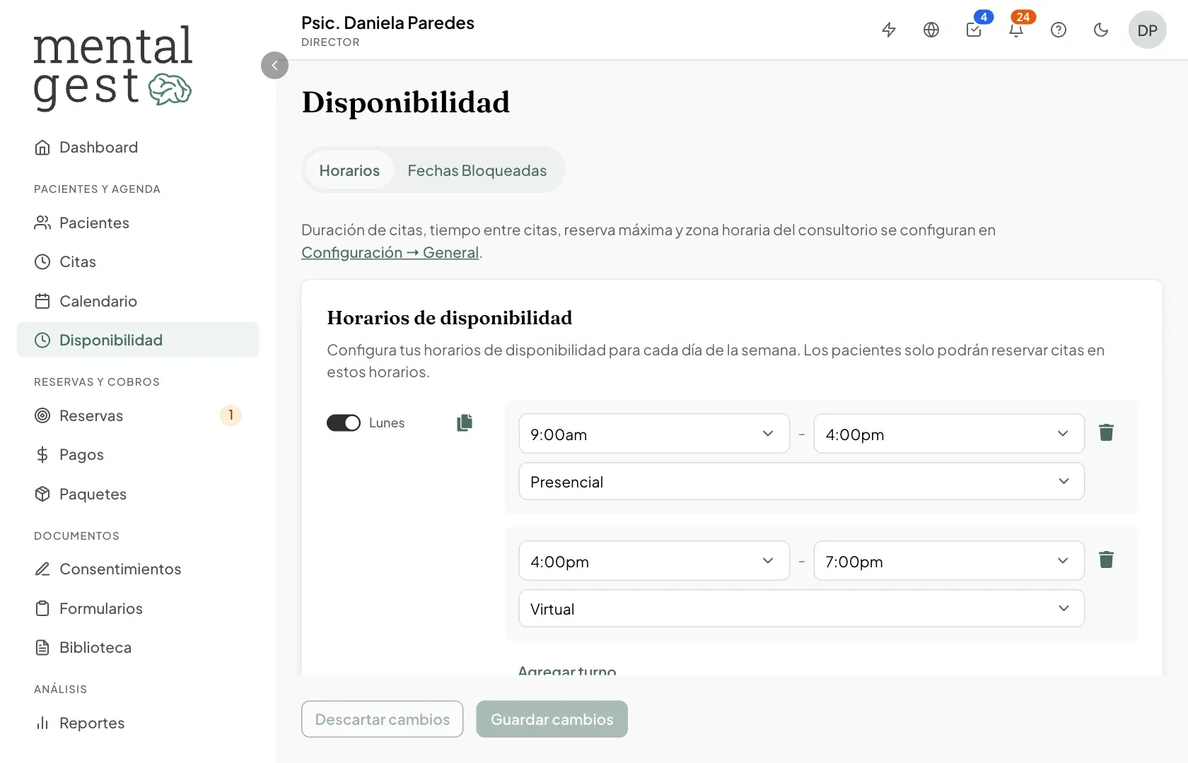 Pantalla de Disponibilidad con los horarios de atención por día y modalidad