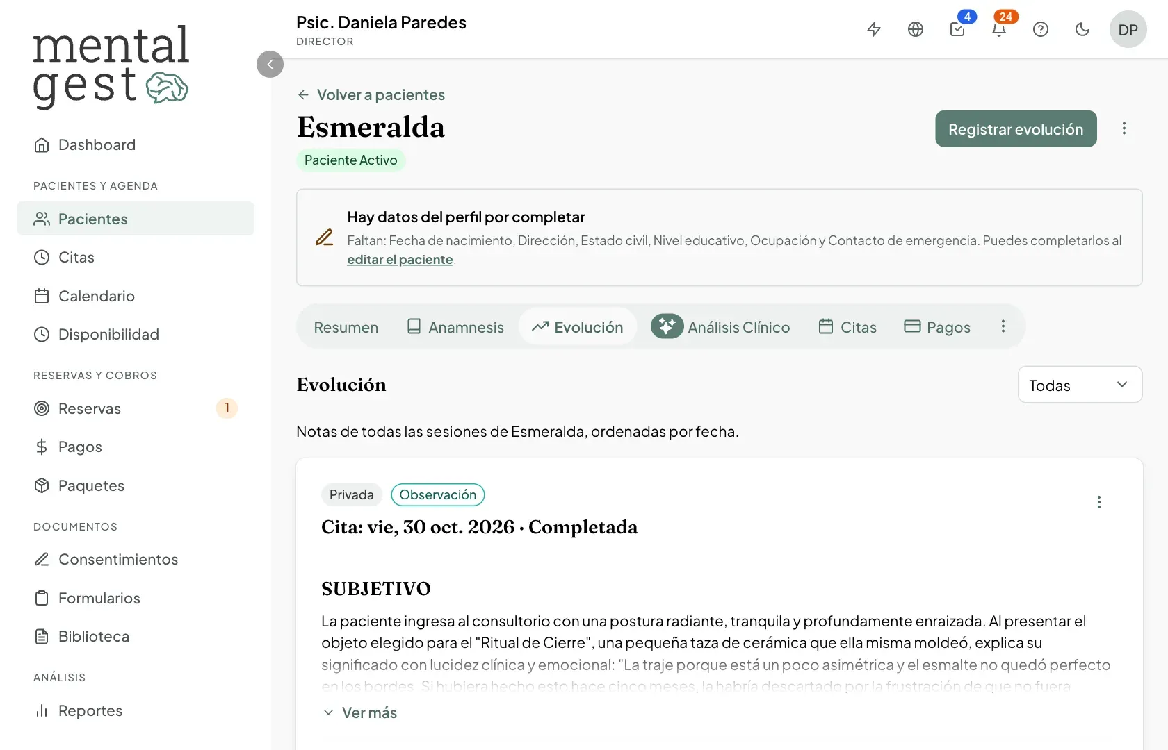 Pestaña Evolución de un paciente con las notas de cada sesión
