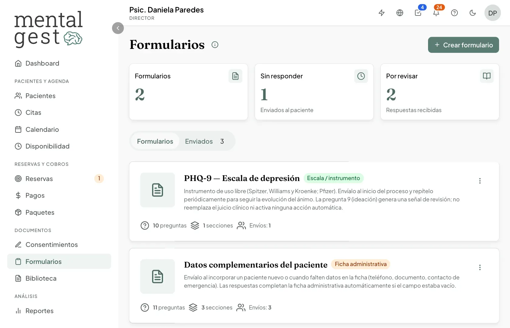 Pantalla de Formularios con el botón Crear formulario y la lista de formularios del consultorio