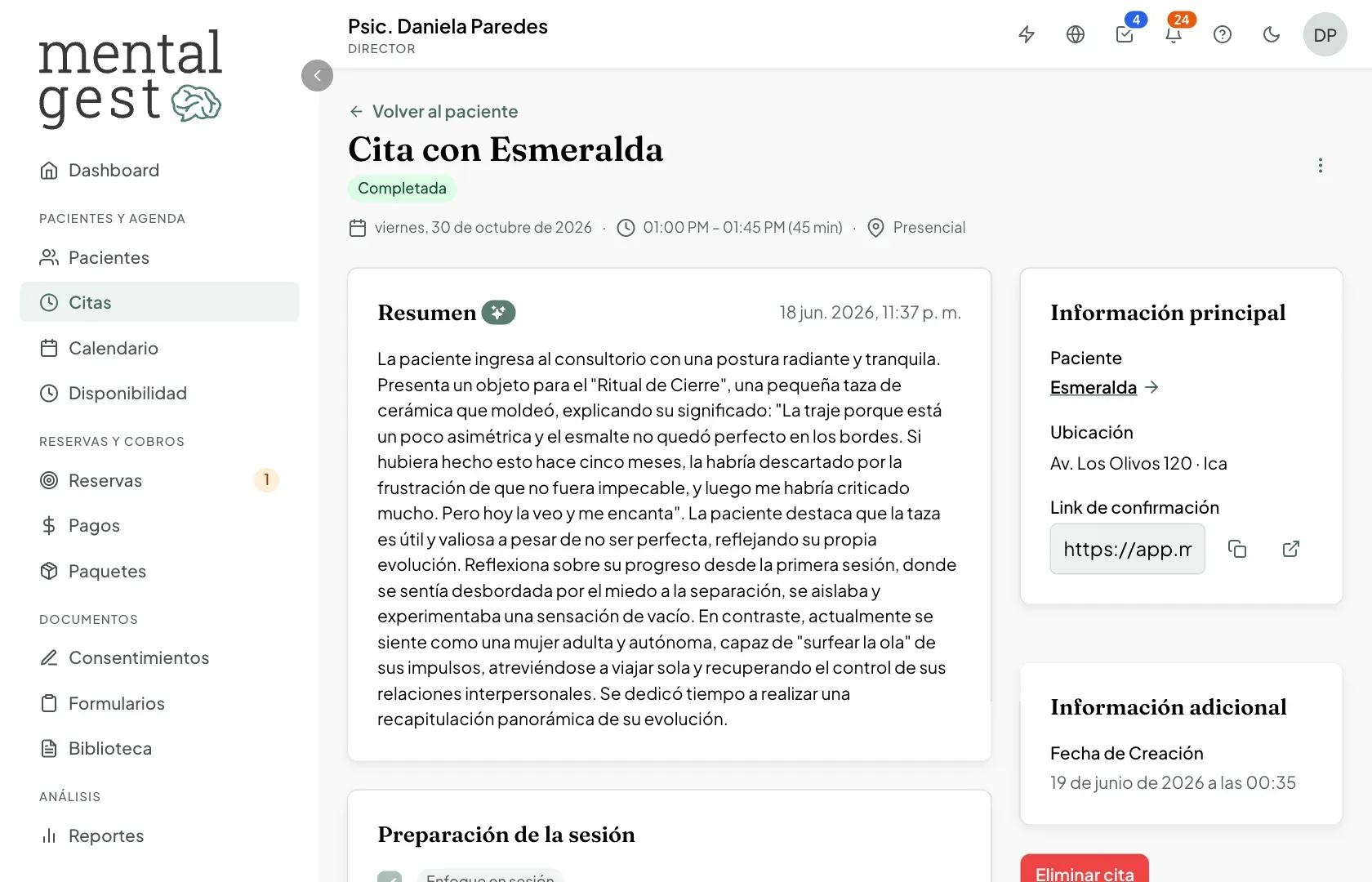 Detalle de una cita completada con el resumen de la sesión y la preparación