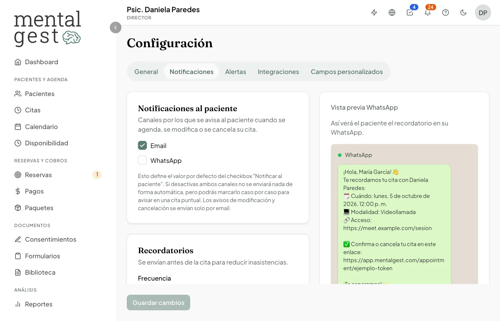 Configuración de notificaciones y recordatorios con la vista previa del mensaje de WhatsApp