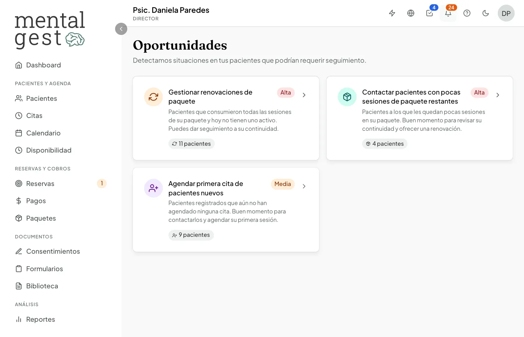 Página de Oportunidades con una tarjeta por cada situación detectada