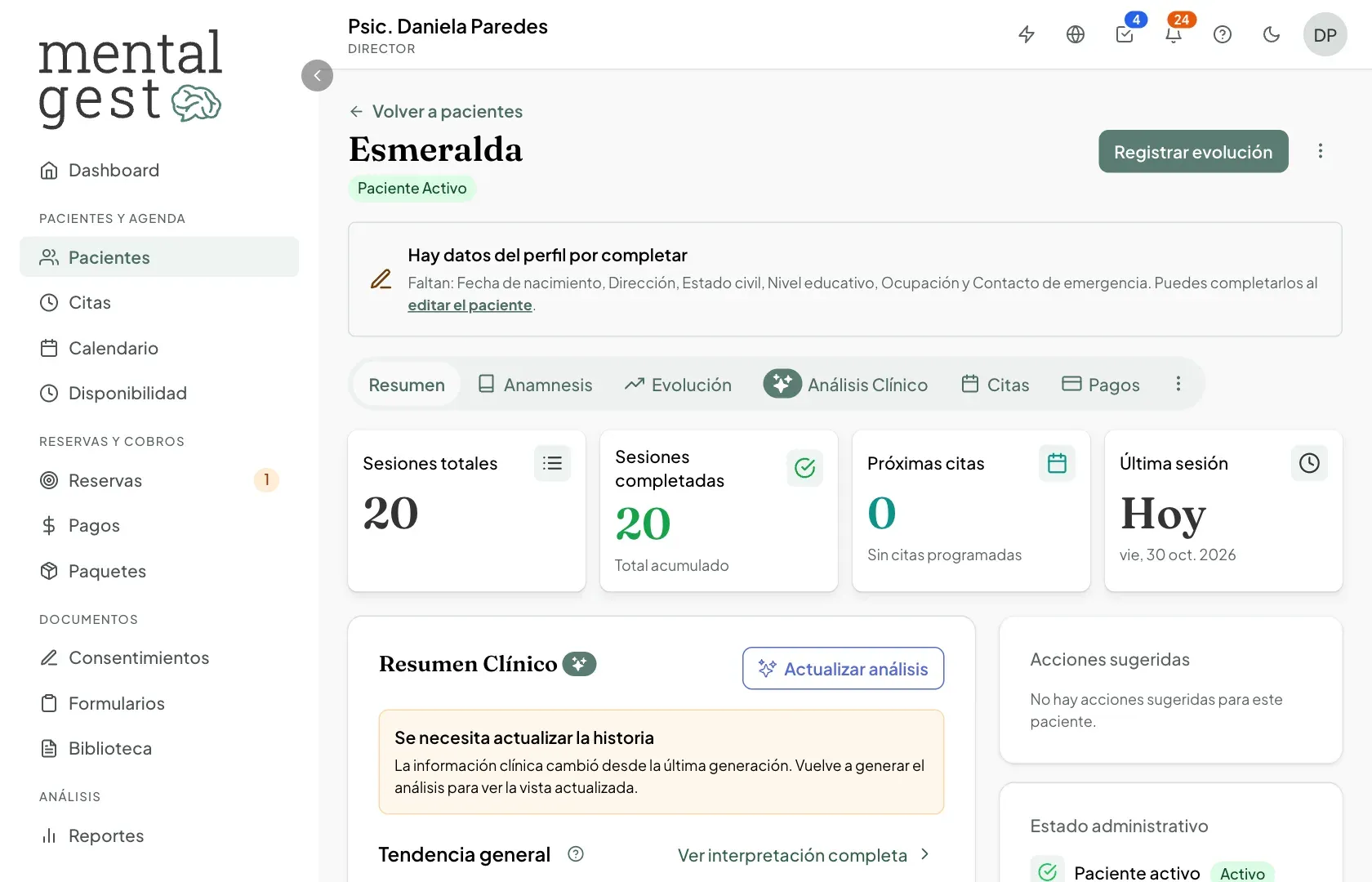 Ficha de un paciente con las pestañas Resumen, Anamnesis, Evolución, Análisis Clínico, Citas y Pagos