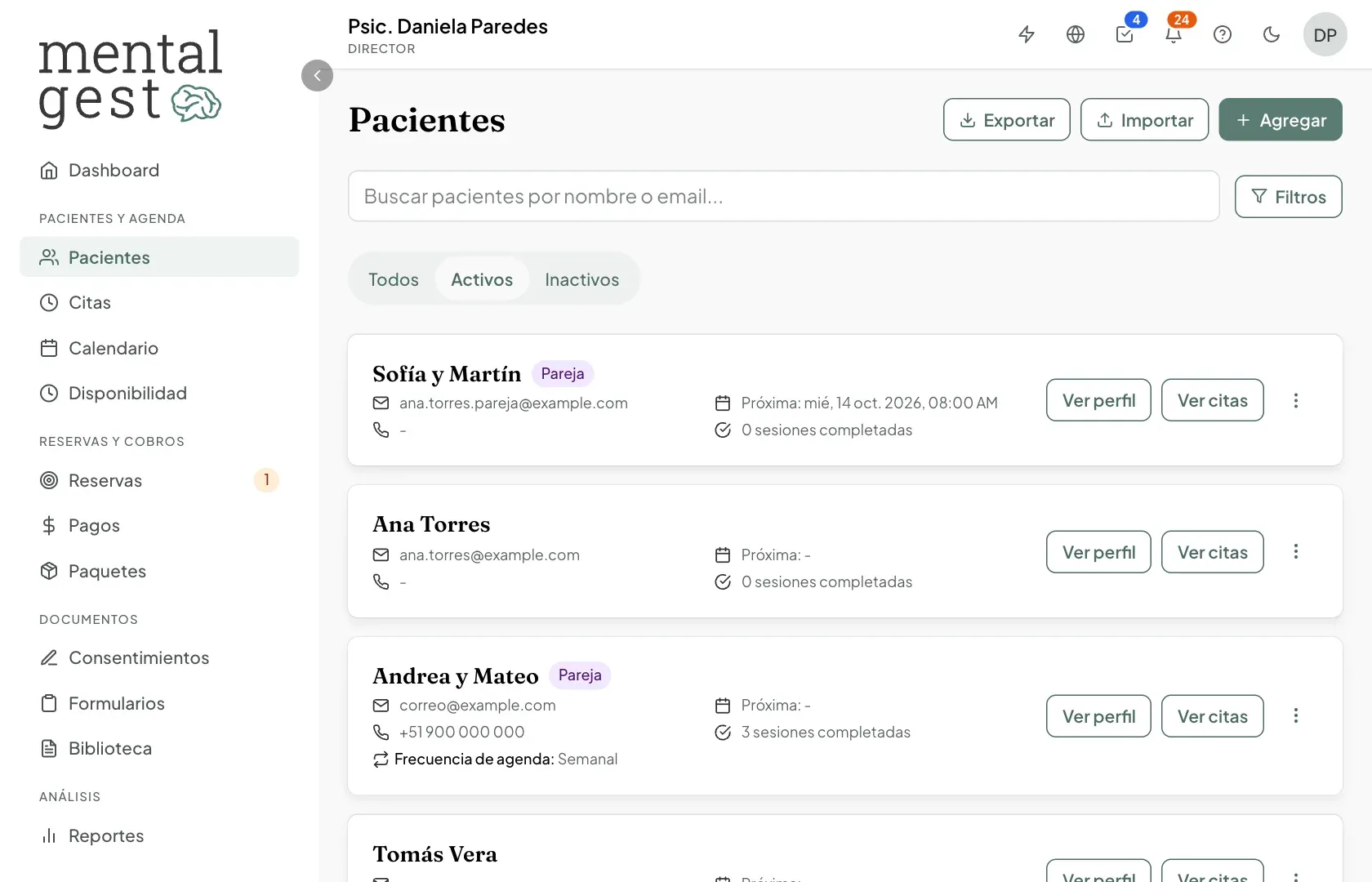 Listado de pacientes con buscador, filtros y botones para exportar, importar y agregar
