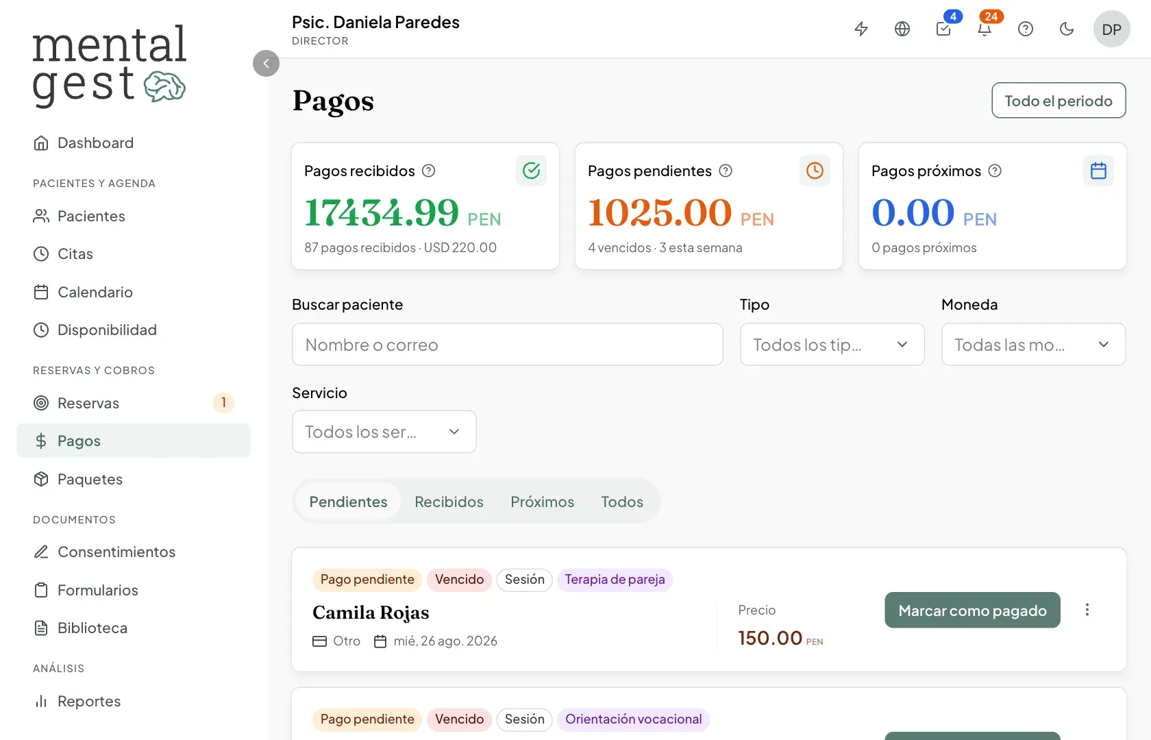 Vista de Pagos con los indicadores de pagos recibidos, pendientes y próximos, y la lista de cobros