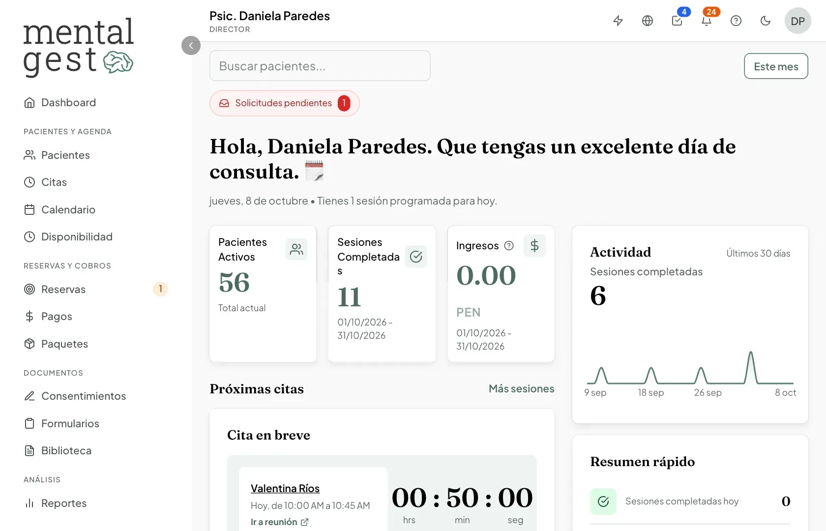 Panel de inicio de MentalGest con la próxima cita, los pacientes activos y las sesiones del mes