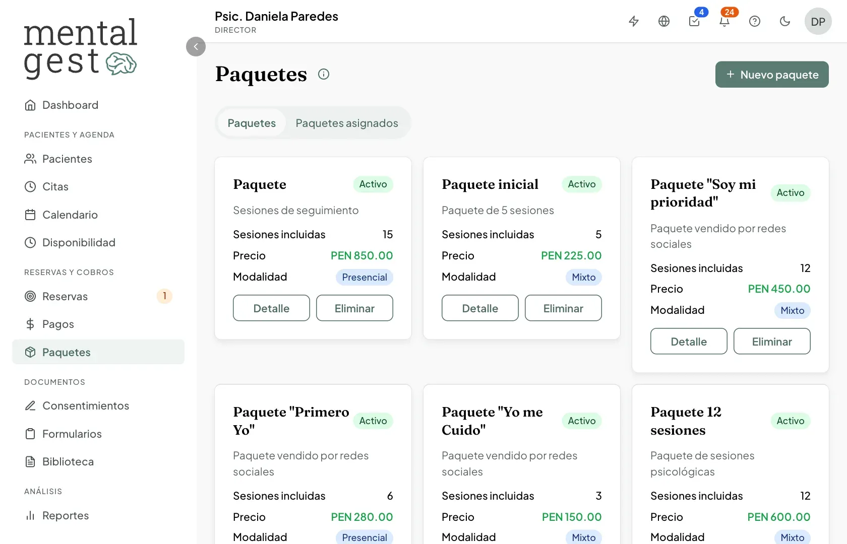 Pantalla de Paquetes con las tarjetas de cada paquete, sus sesiones, precio y modalidad