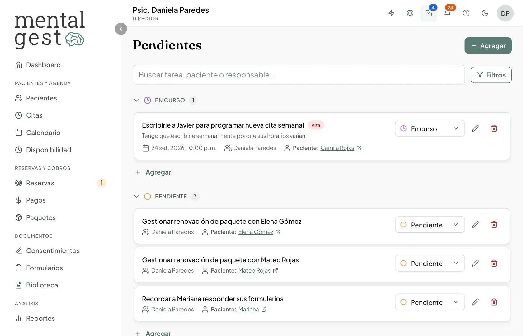 Página de Pendientes con las tareas en curso y pendientes