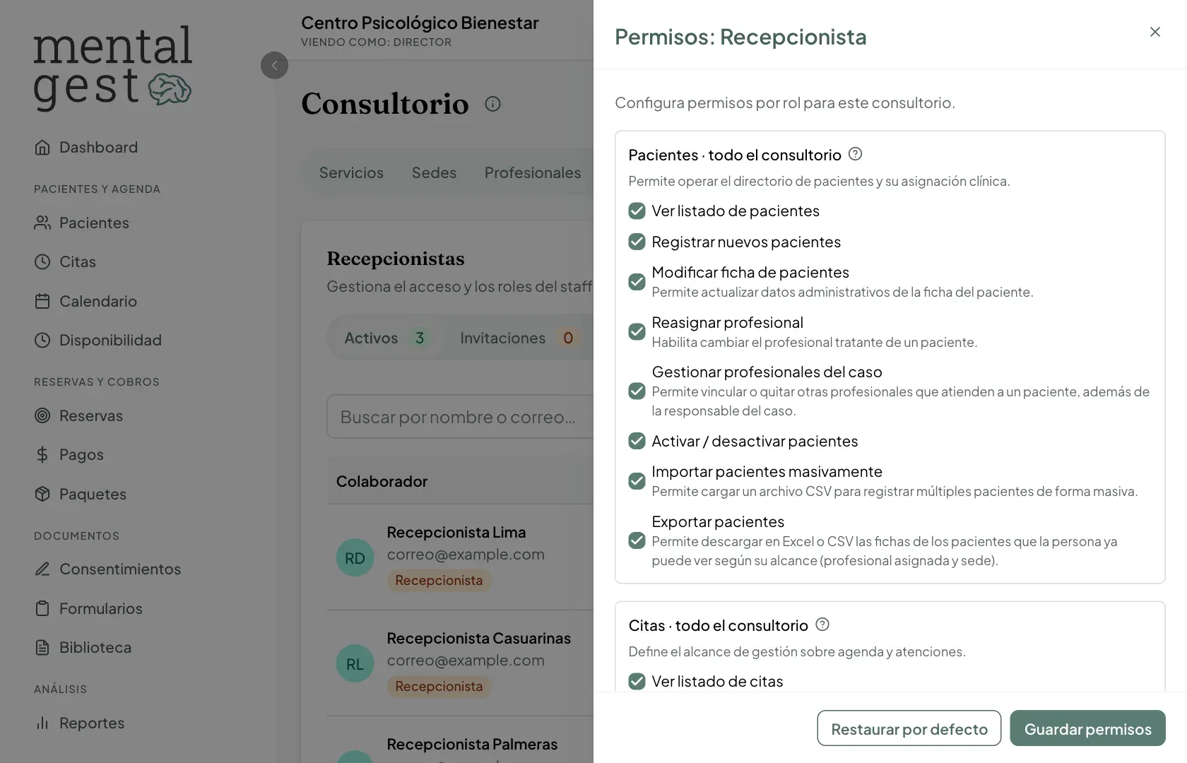 Panel de permisos del rol Recepcionista con los permisos de pacientes y citas