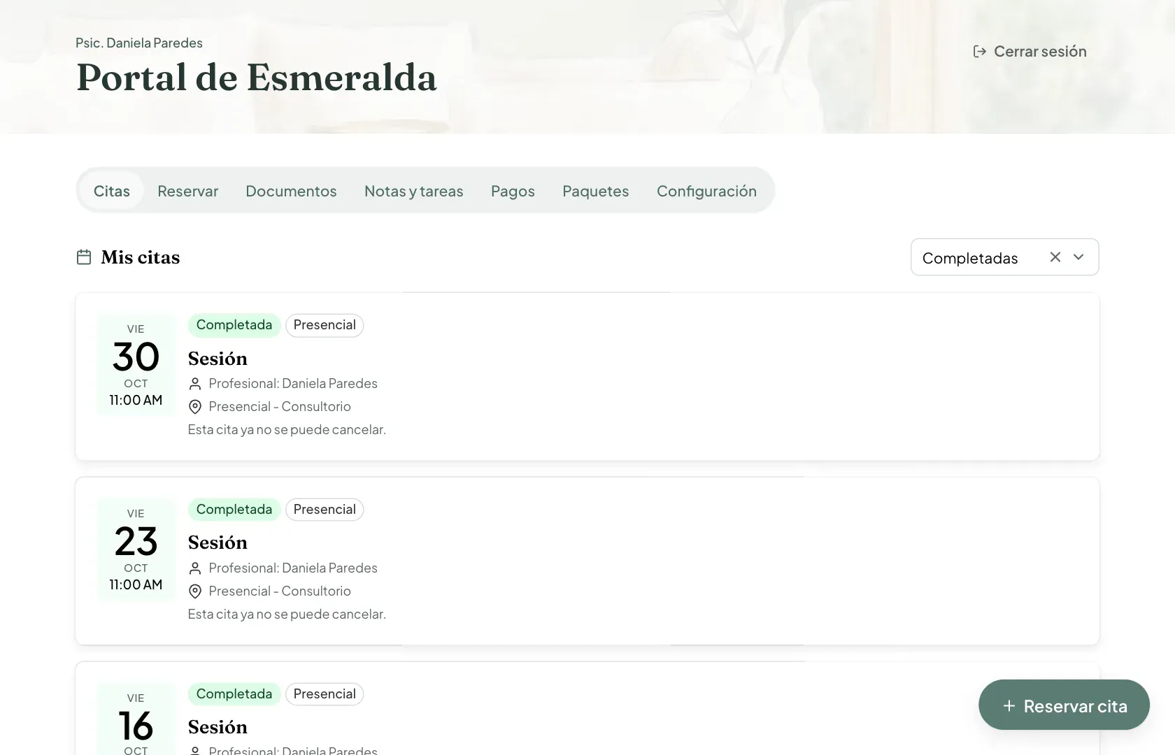 Listado de citas en el portal del paciente, filtrado por estado