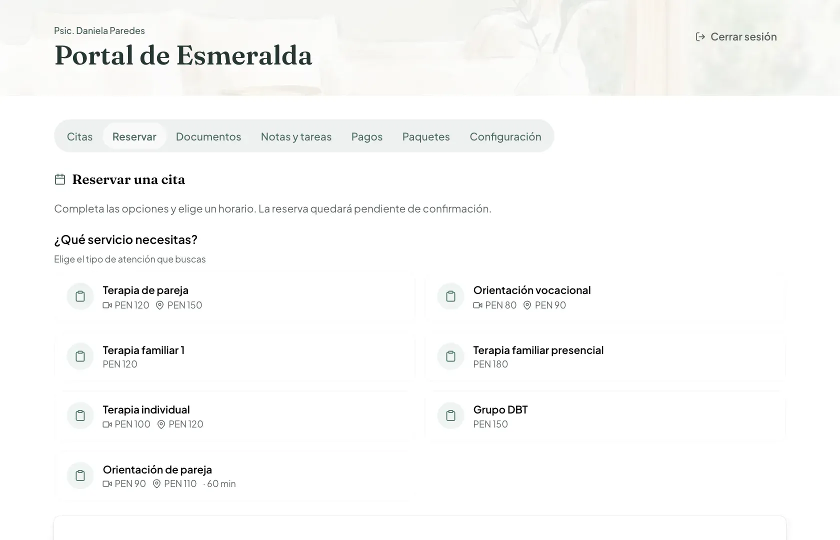 Pestaña Reservar del portal del paciente con la lista de servicios y sus precios