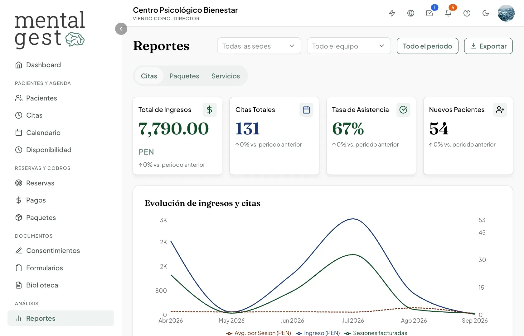 Reportes con los indicadores de ingresos, citas, asistencia y nuevos pacientes, y el gráfico de evolución