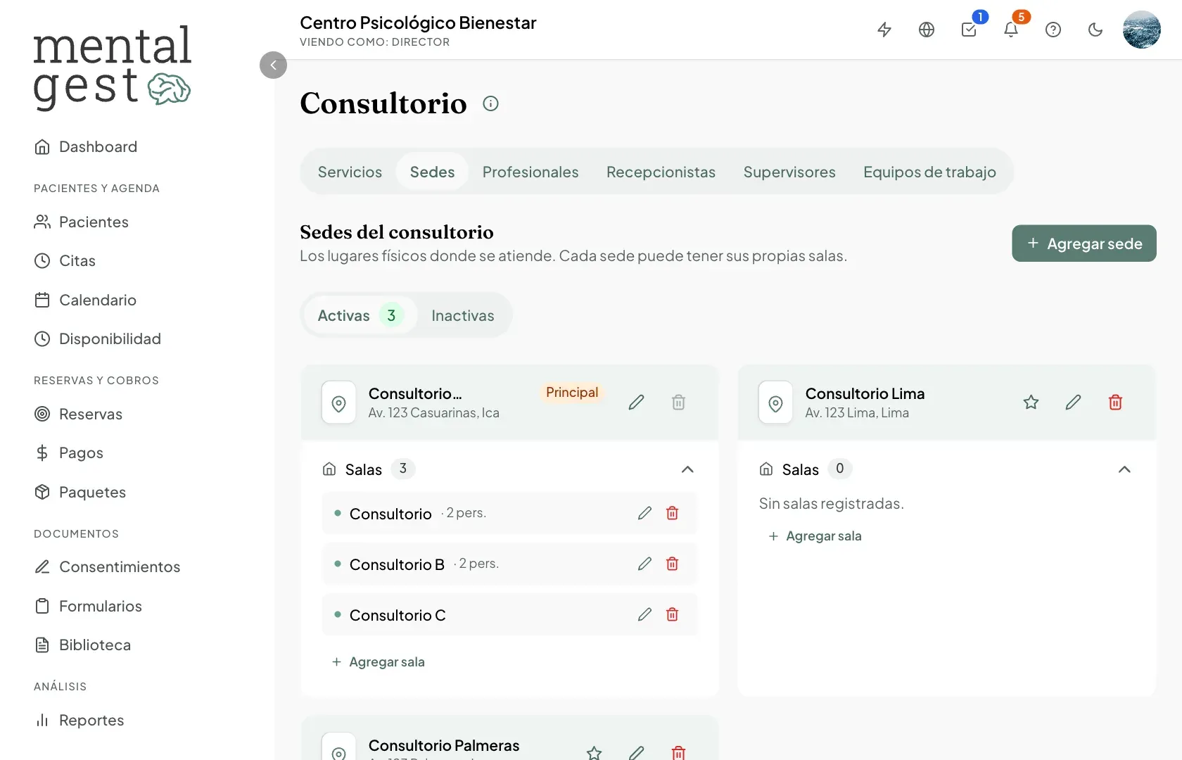 Sedes del consultorio con sus salas y la sede principal