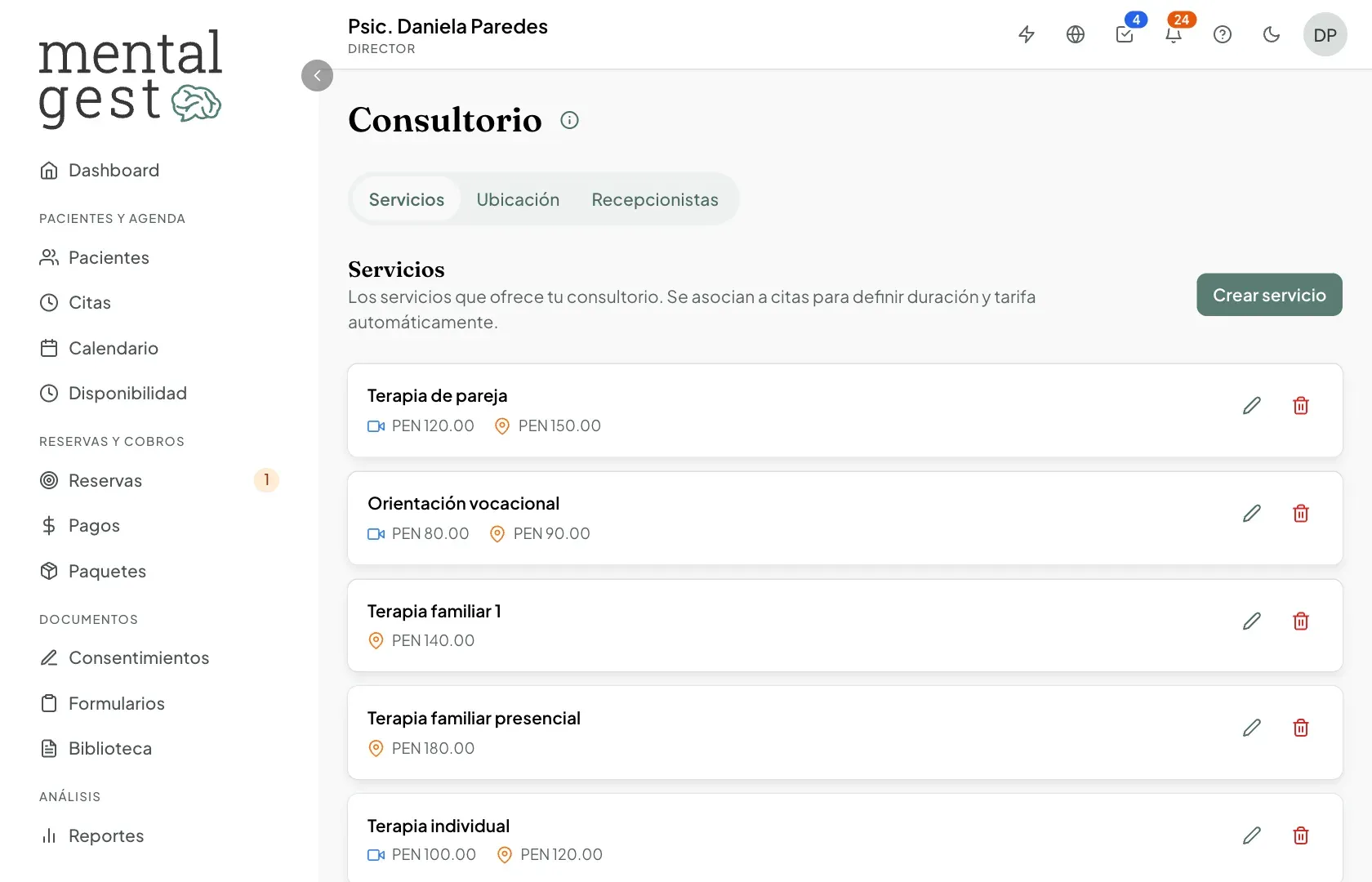 Lista de servicios del consultorio con su precio por modalidad