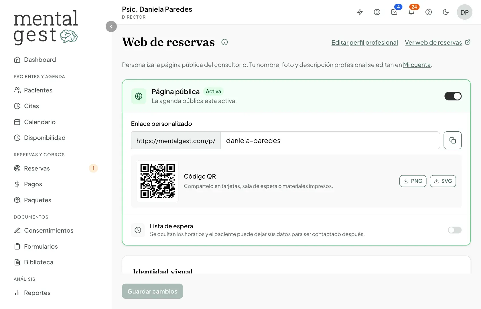 Web de reservas con el enlace personalizado, el código QR y la lista de espera
